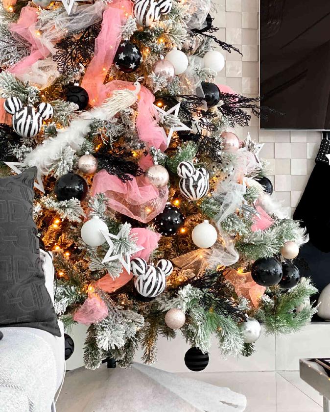 Trending: Christmas tree with shades of black, white, pink and zebra printed decorations, view I